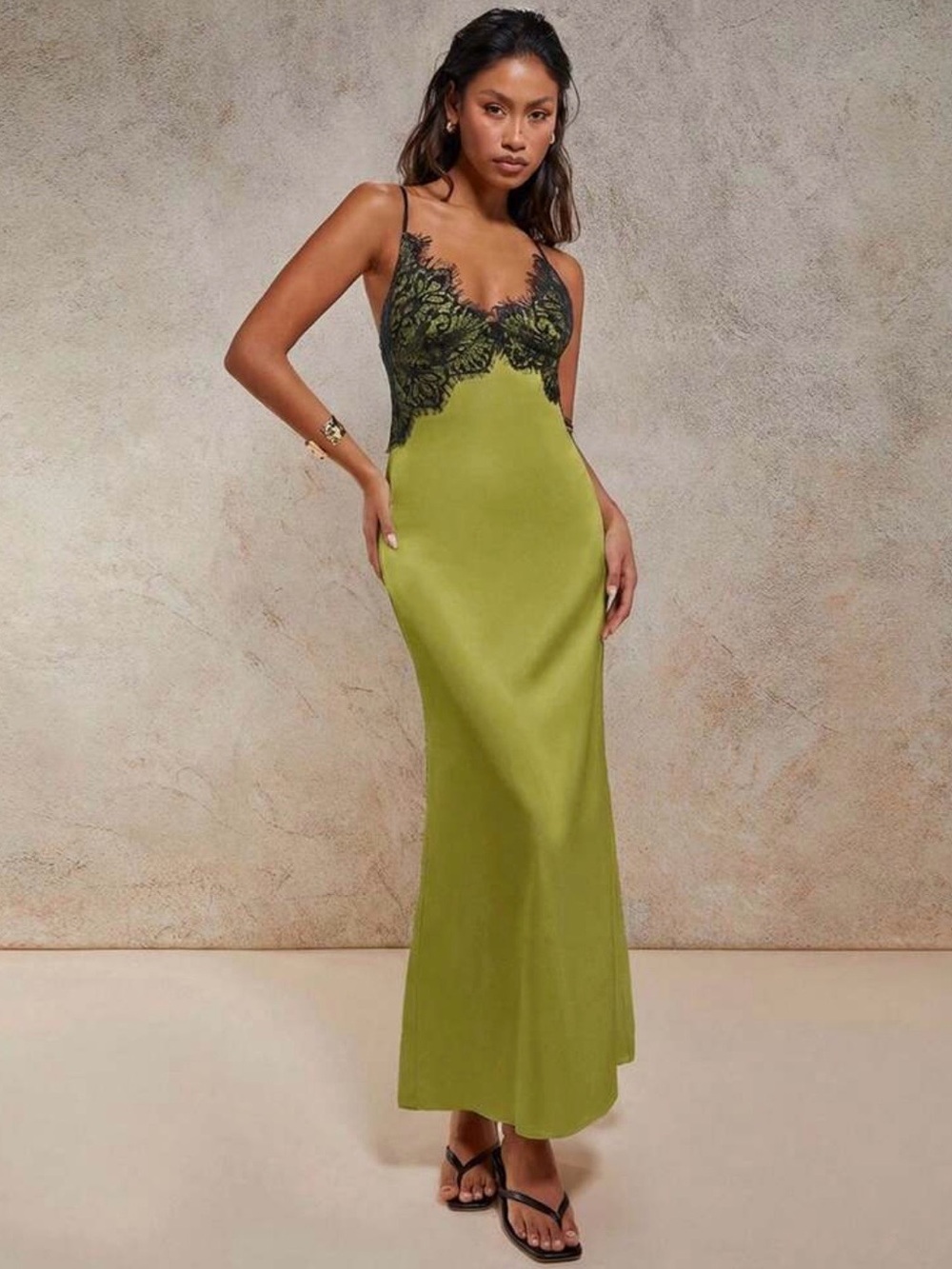 Olive Green Lace-Trim Maxi Slip Dress